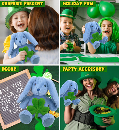 DolliBu Baby Blue Rabbit Stuffed Animal with Green Plush Shamrock - 8 Inches