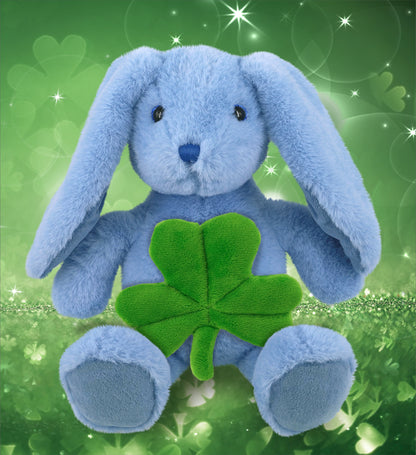 DolliBu Baby Blue Rabbit Stuffed Animal with Green Plush Shamrock - 8 Inches