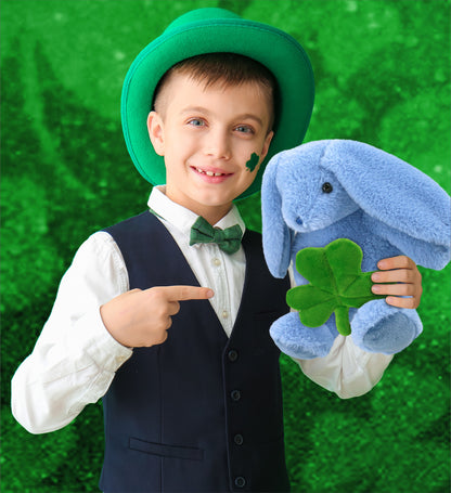 DolliBu Baby Blue Rabbit Stuffed Animal with Green Plush Shamrock - 8 Inches