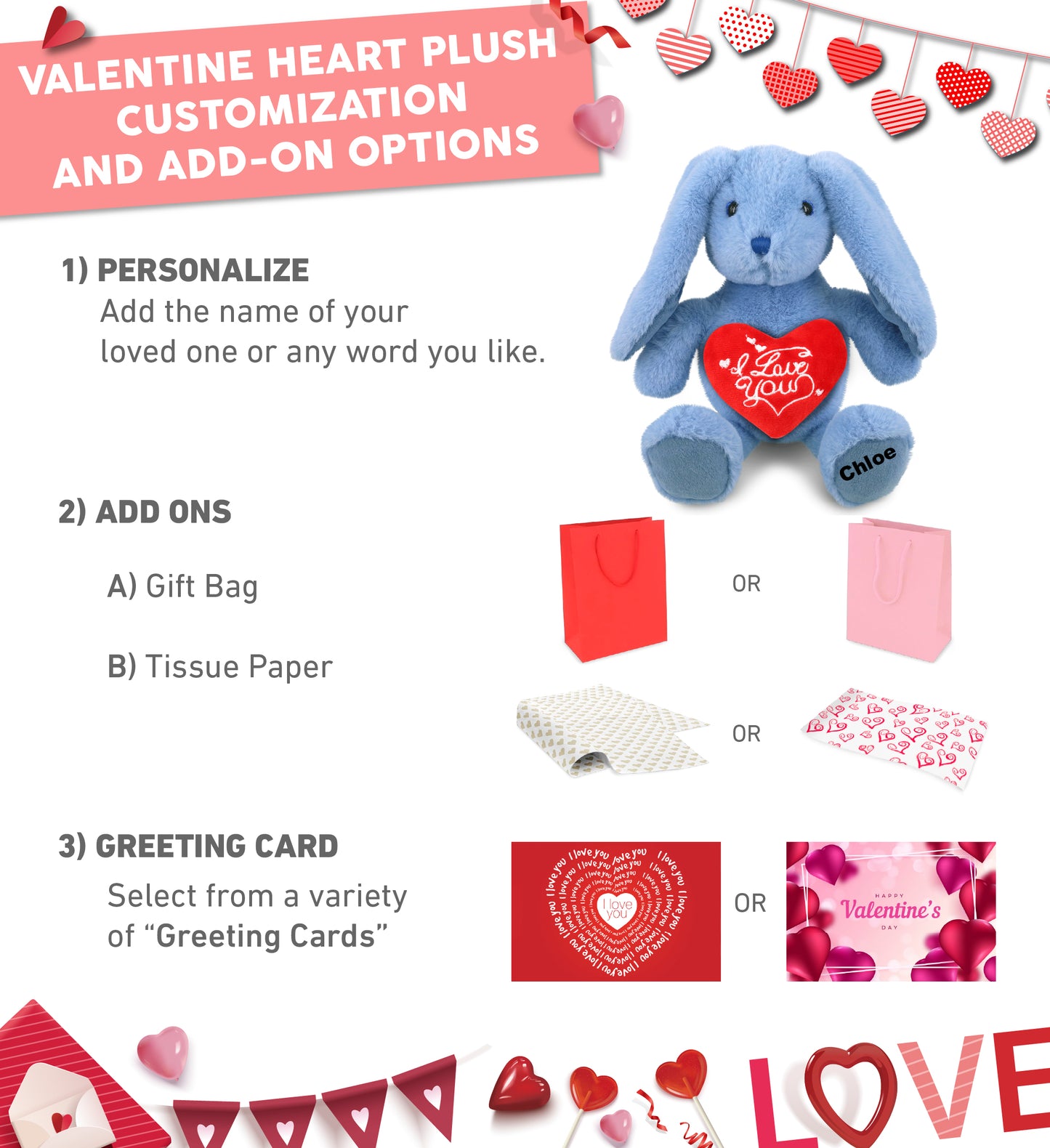 PLUSH I LOVE YOU RED HEART - SUPER-SOFT PLUSH - BABY BLUE RABBIT 8"