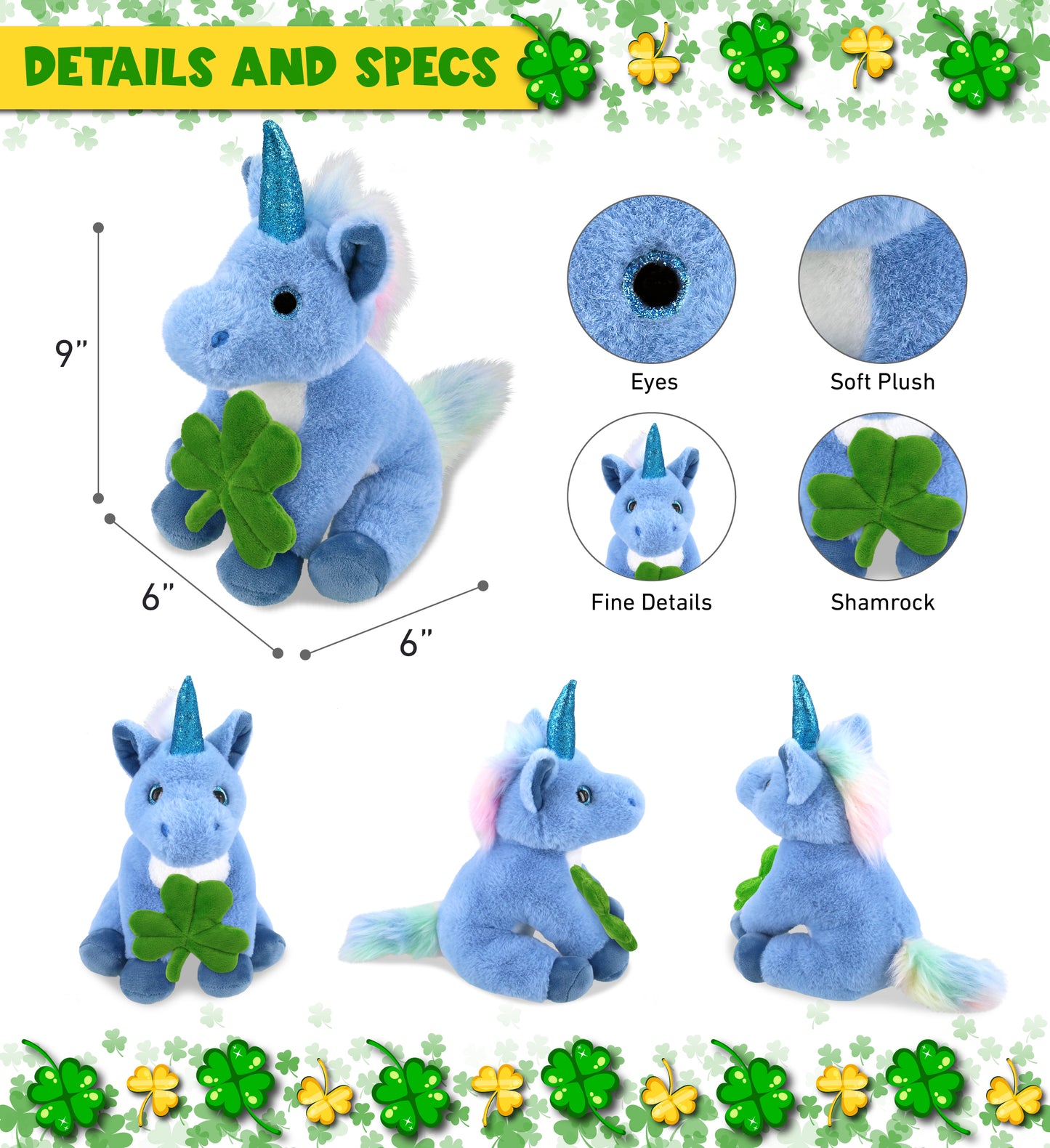DolliBu Cute Blue Unicorn Stuffed Animal with Green Plush Shamrock - 9 Inches