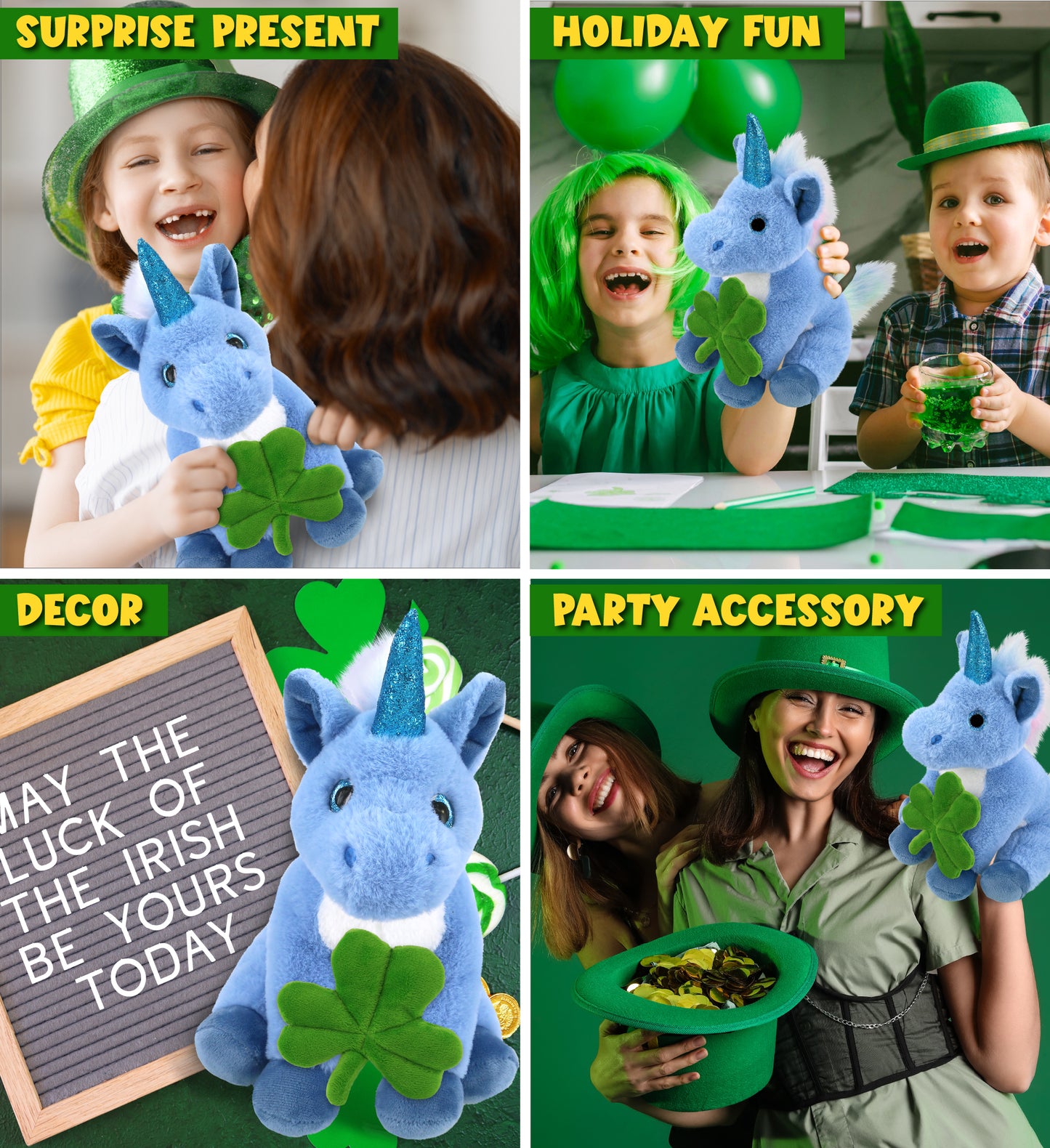 DolliBu Cute Blue Unicorn Stuffed Animal with Green Plush Shamrock - 9 Inches