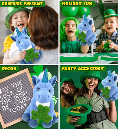 DolliBu Cute Blue Unicorn Stuffed Animal with Green Plush Shamrock - 9 Inches