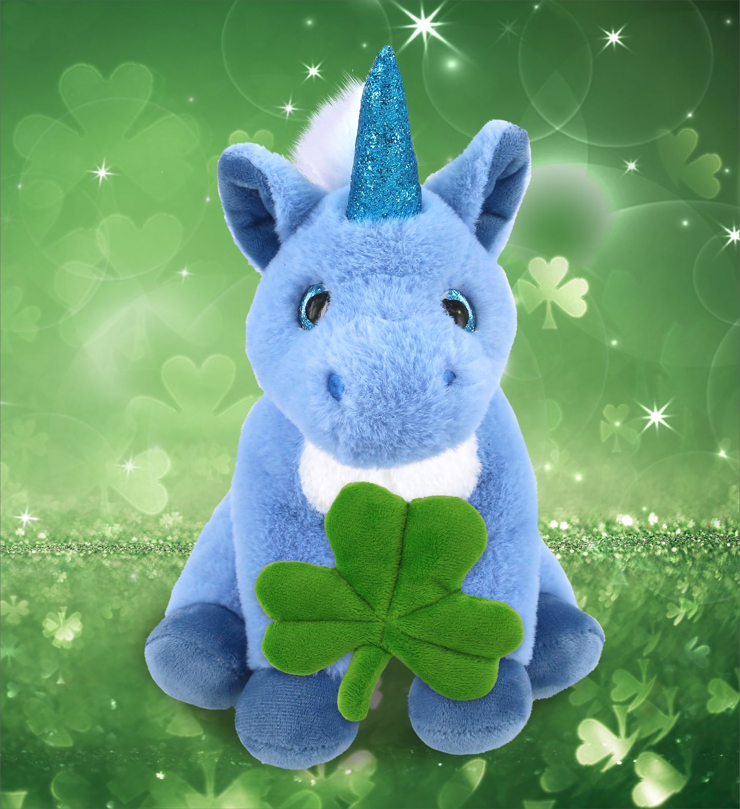 DolliBu Cute Blue Unicorn Stuffed Animal with Green Plush Shamrock - 9 Inches