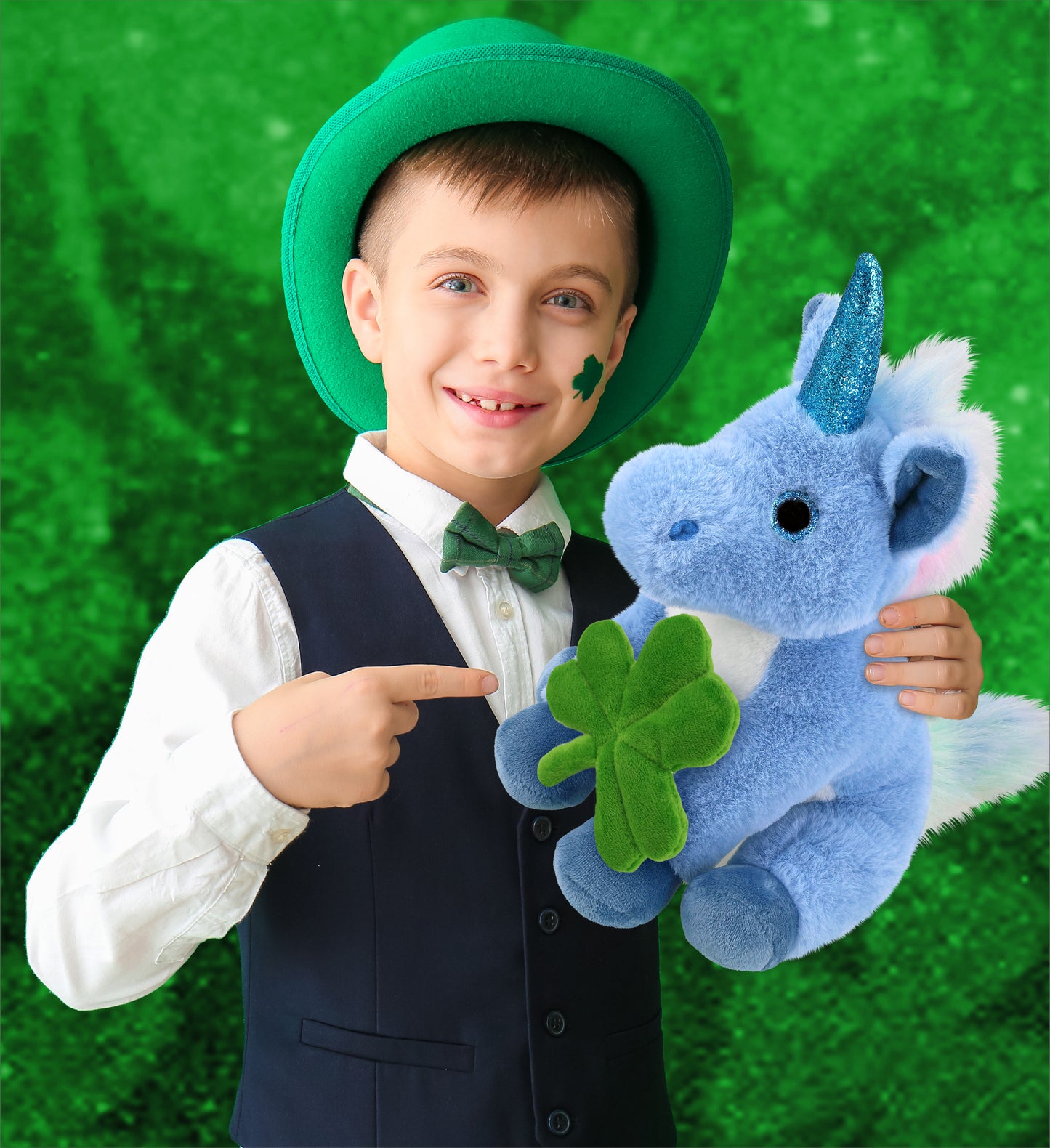 DolliBu Cute Blue Unicorn Stuffed Animal with Green Plush Shamrock - 9 Inches