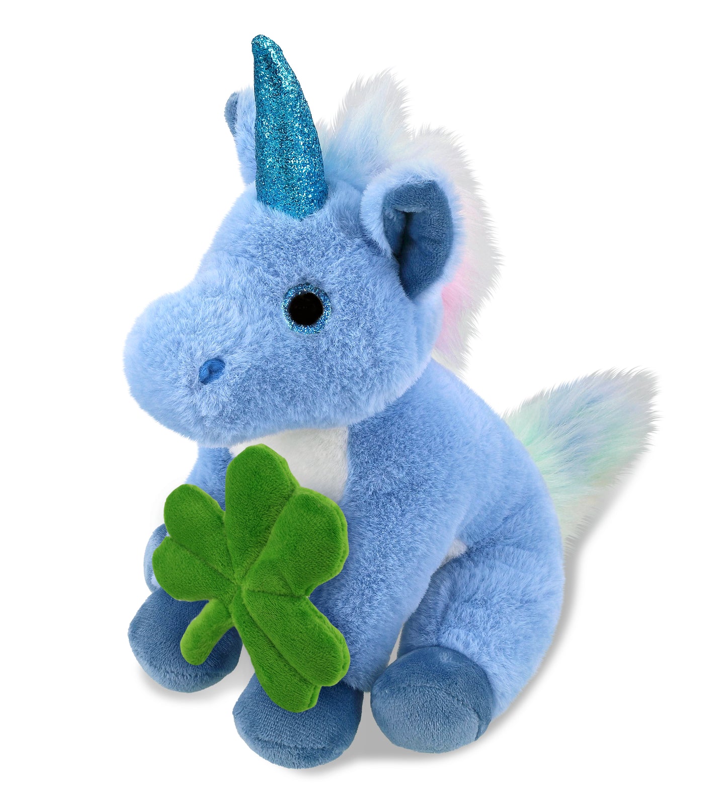 DolliBu Cute Blue Unicorn Stuffed Animal with Green Plush Shamrock - 9 Inches