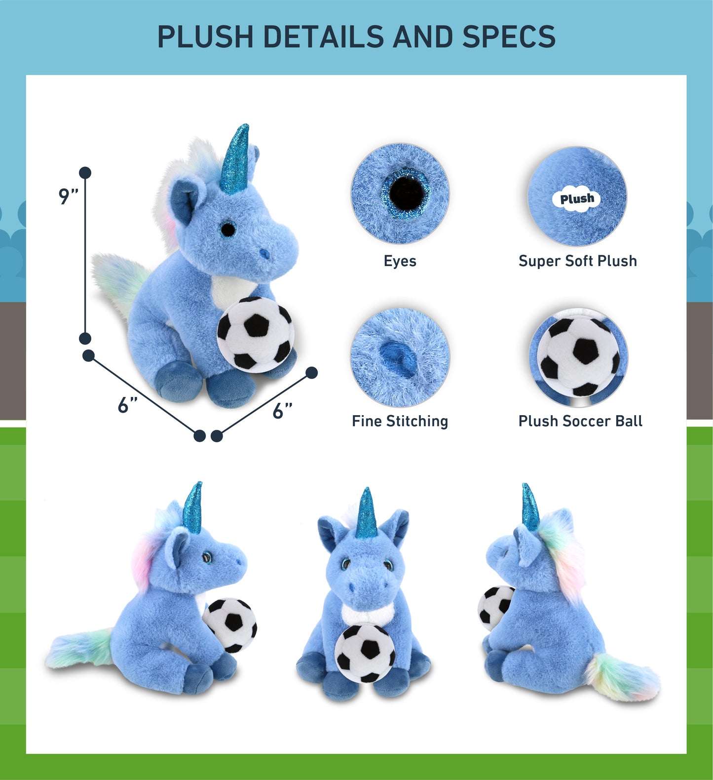 SUPER-SOFT PLUSH - BLUE UNICORN 9" WITH SOCCER PLUSH