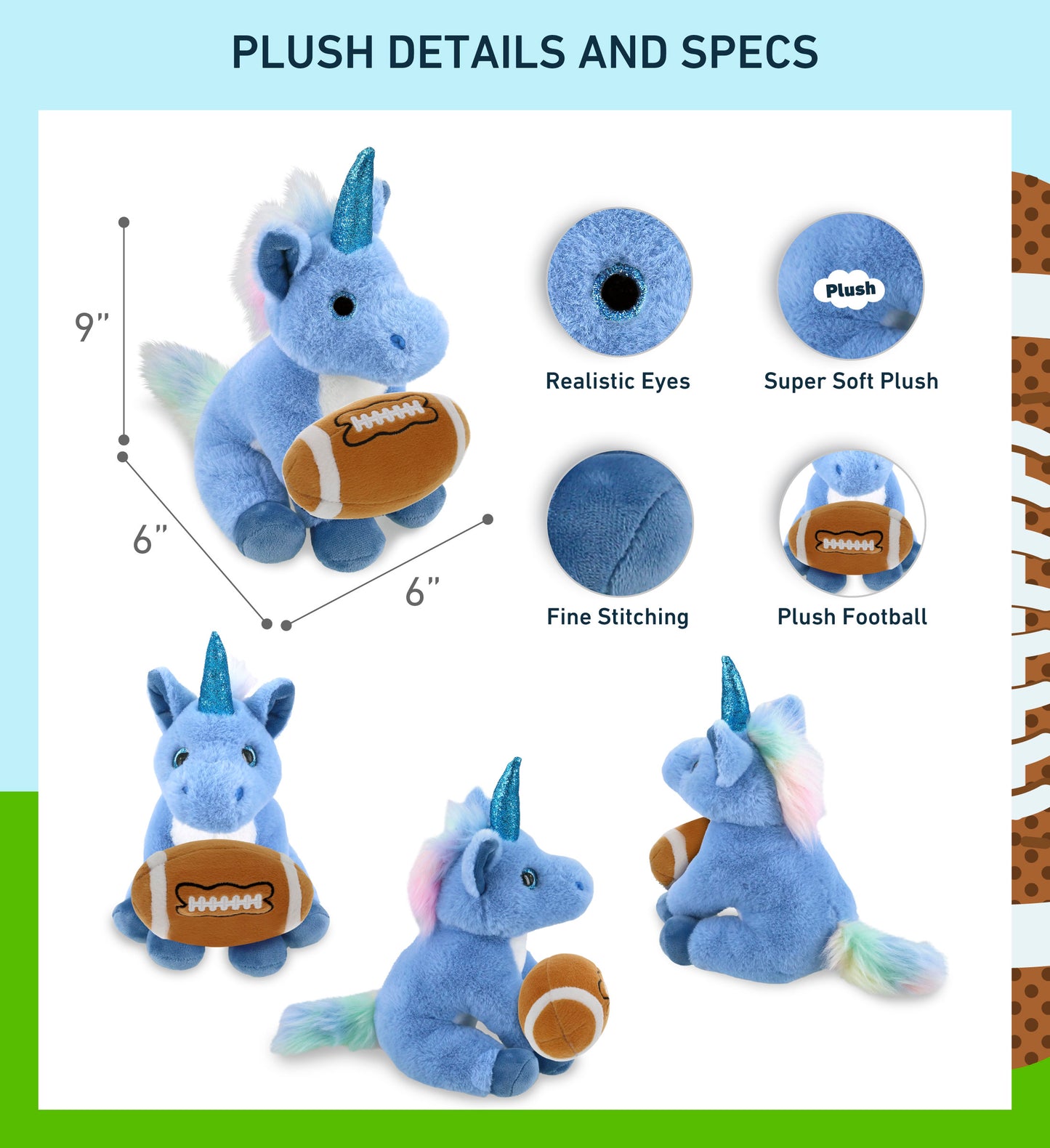 SUPER-SOFT PLUSH - BLUE UNICORN 9" WITH FOOTBALL PLUSH