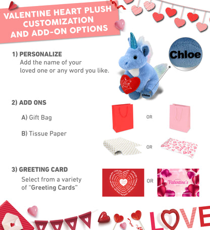 DolliBu I Love You Valentine Plush Cute Blue Unicorn with Red Heart - 9 Inches
