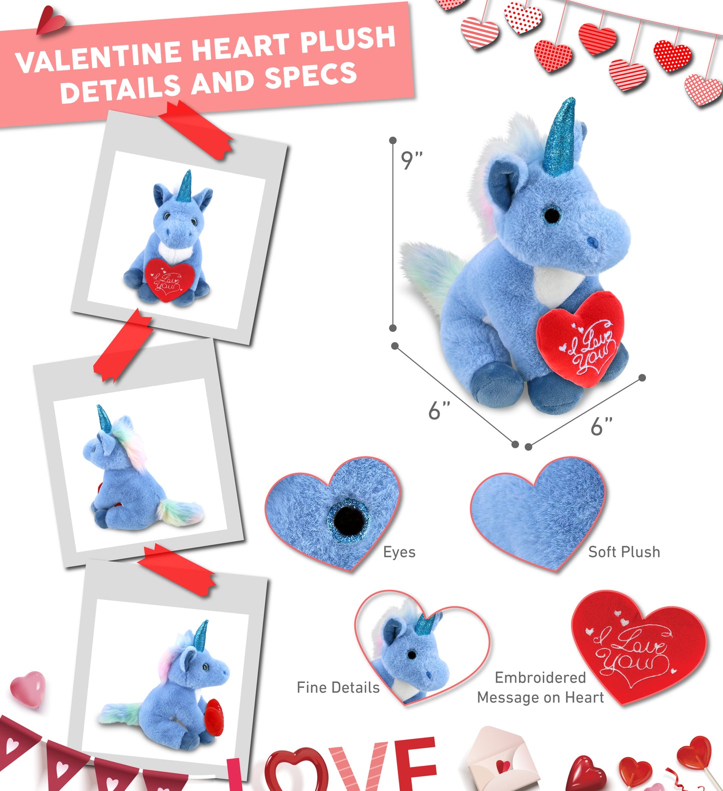 DolliBu I Love You Valentine Plush Cute Blue Unicorn with Red Heart - 9 Inches