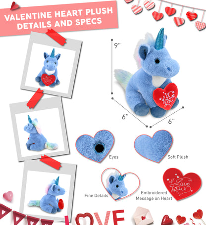DolliBu I Love You Valentine Plush Cute Blue Unicorn with Red Heart - 9 Inches