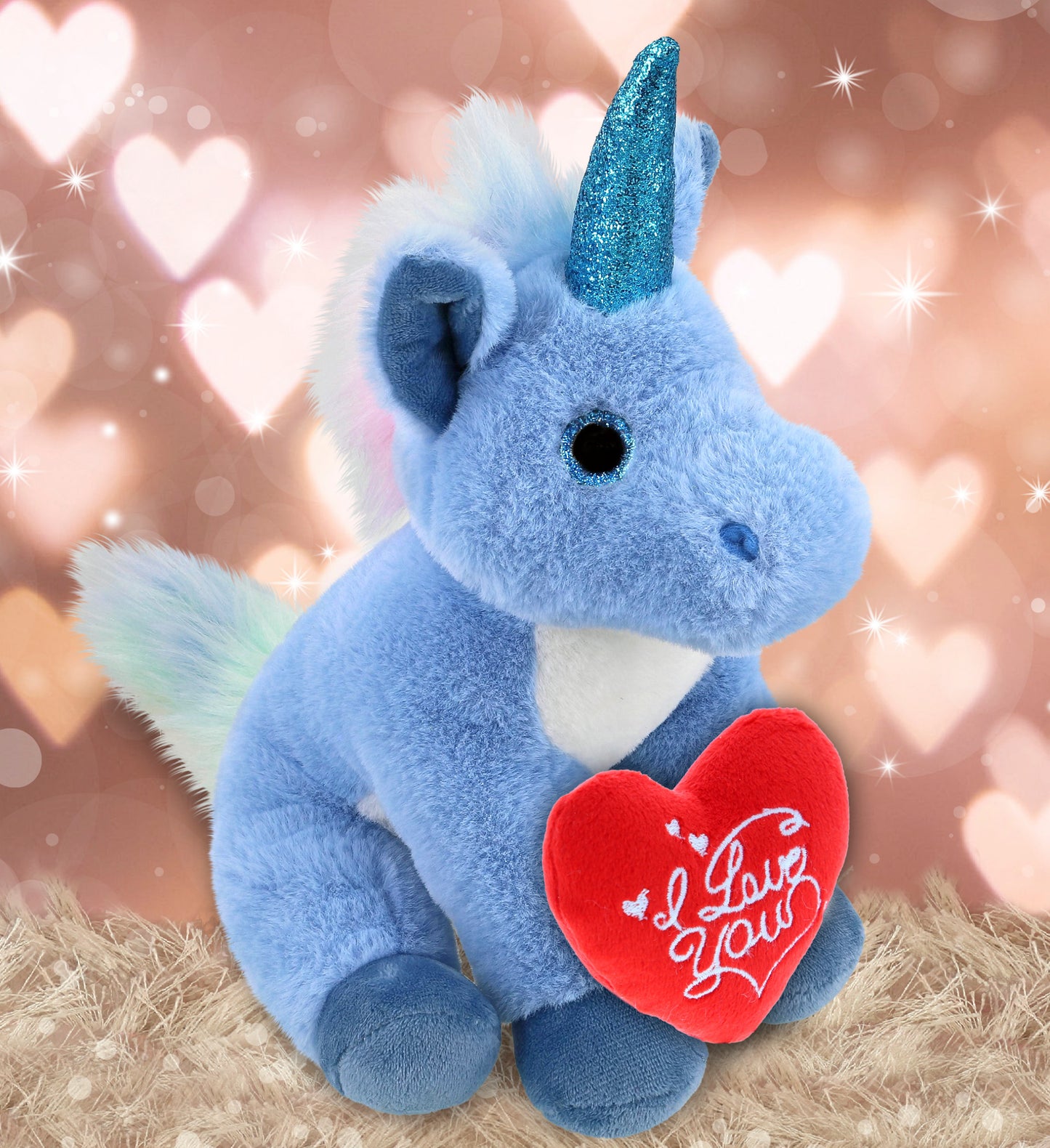 DolliBu I Love You Valentine Plush Cute Blue Unicorn with Red Heart - 9 Inches