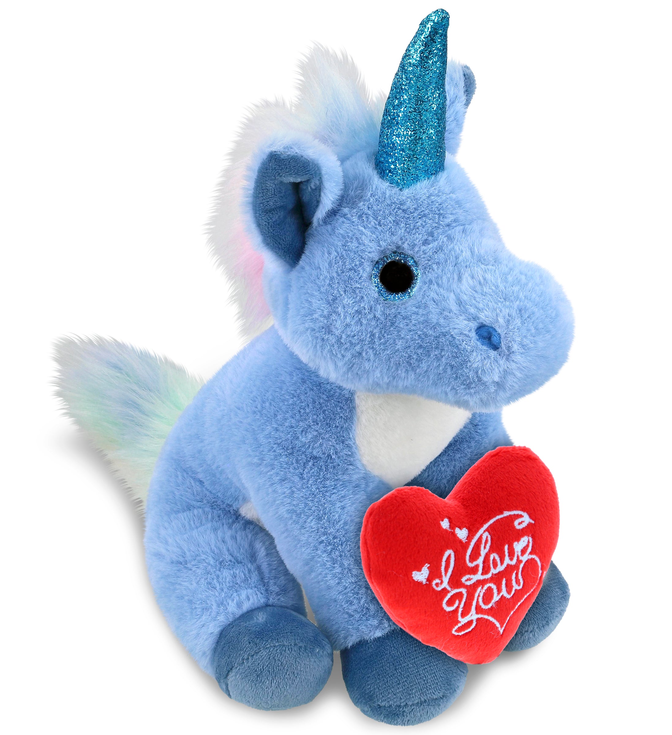 DolliBu I Love You Valentine Plush Cute Blue Unicorn with Red Heart - 9 Inches