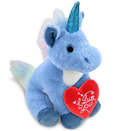 DolliBu I Love You Valentine Plush Cute Blue Unicorn with Red Heart - 9 Inches