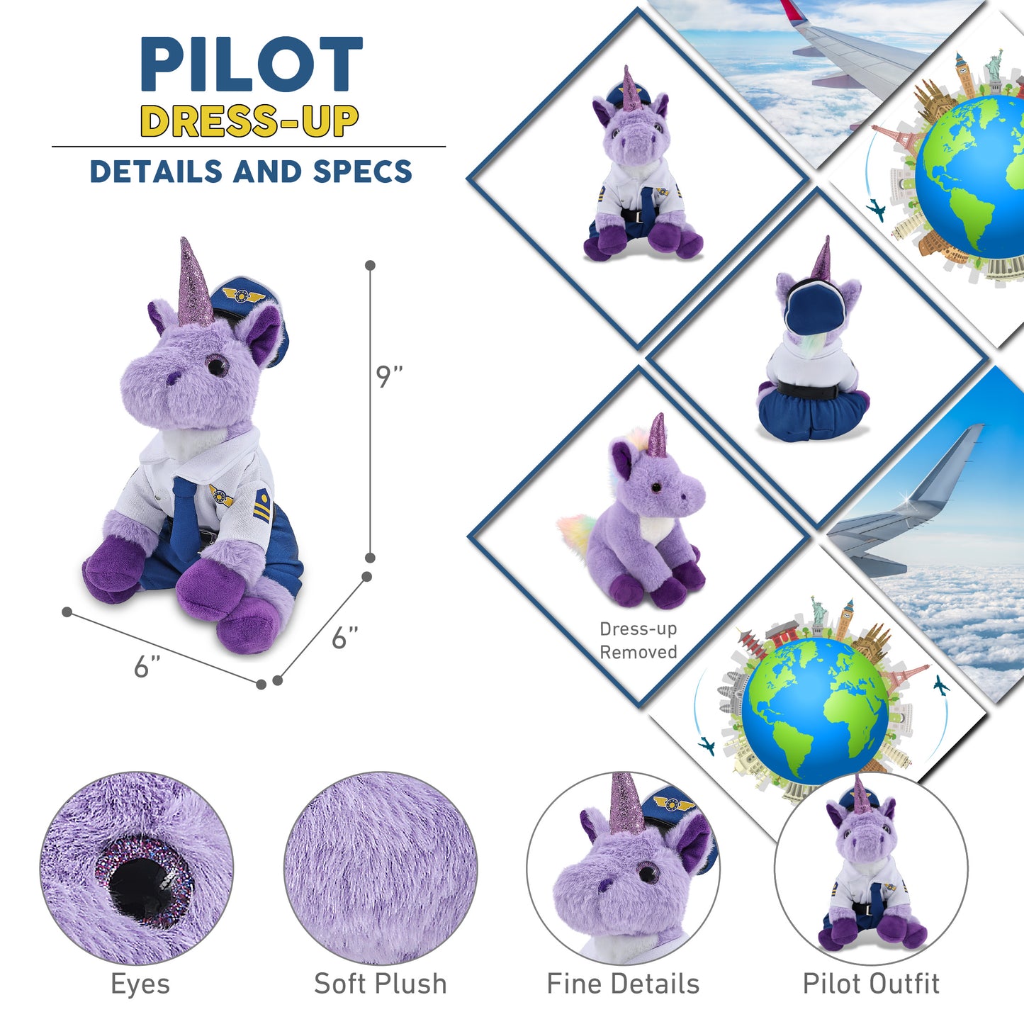SUPER-SOFT PLUSH - PURPLE UNICORN 9" WITH PILOT DRESS UP