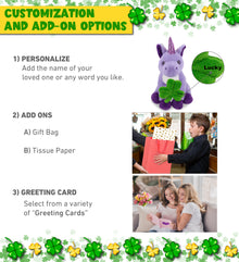 DolliBu Cute Purple Unicorn Stuffed Animal with Green Plush Shamrock - 9 Inches