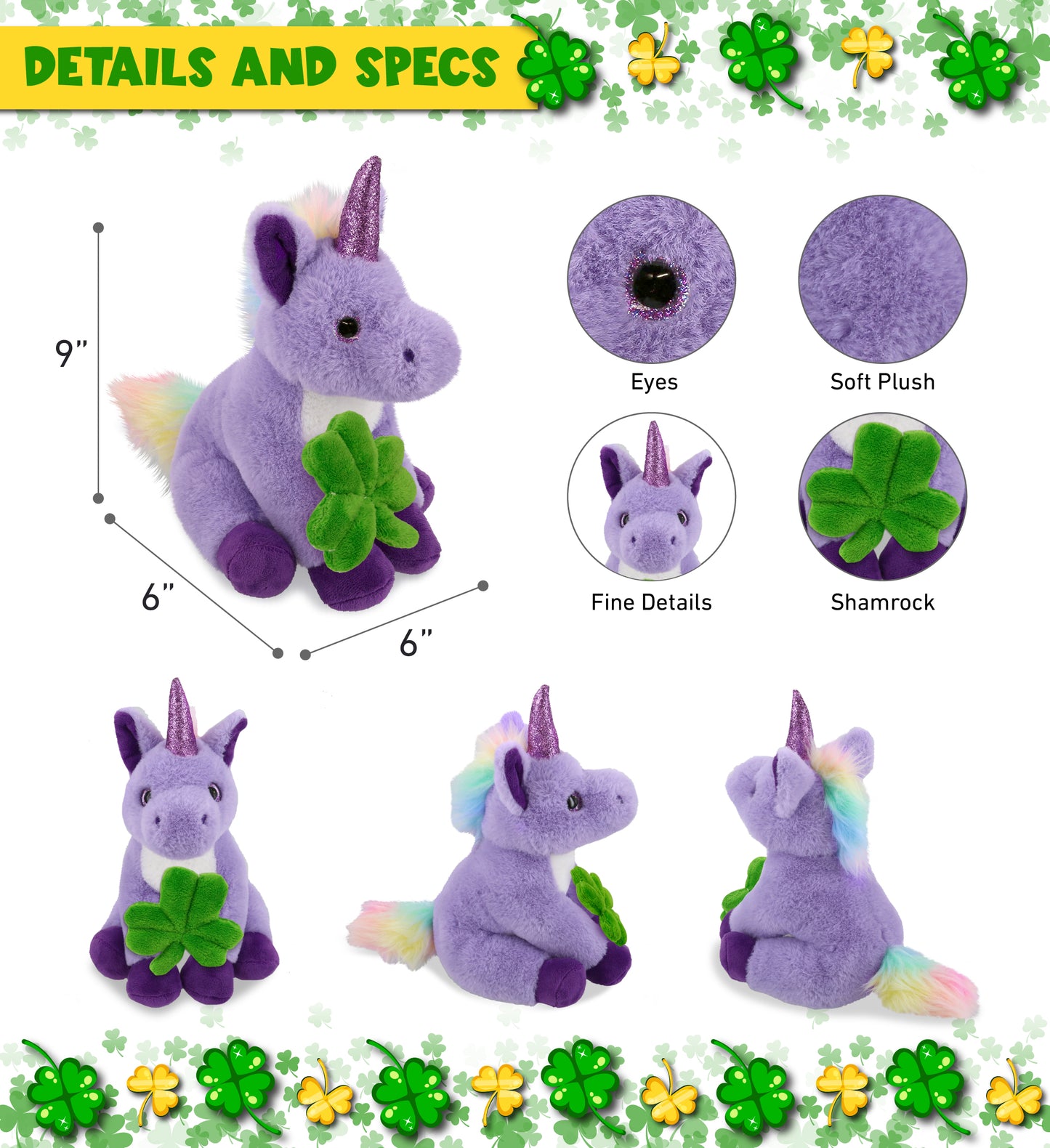 DolliBu Cute Purple Unicorn Stuffed Animal with Green Plush Shamrock - 9 Inches