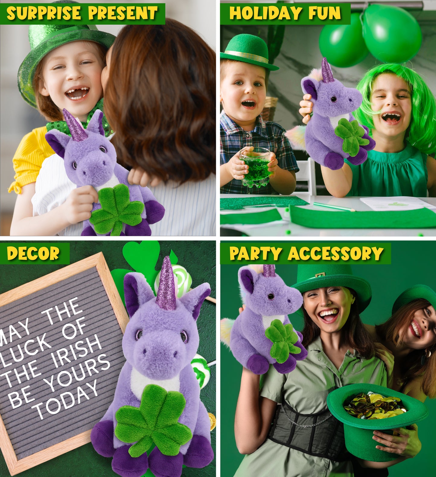 DolliBu Cute Purple Unicorn Stuffed Animal with Green Plush Shamrock - 9 Inches