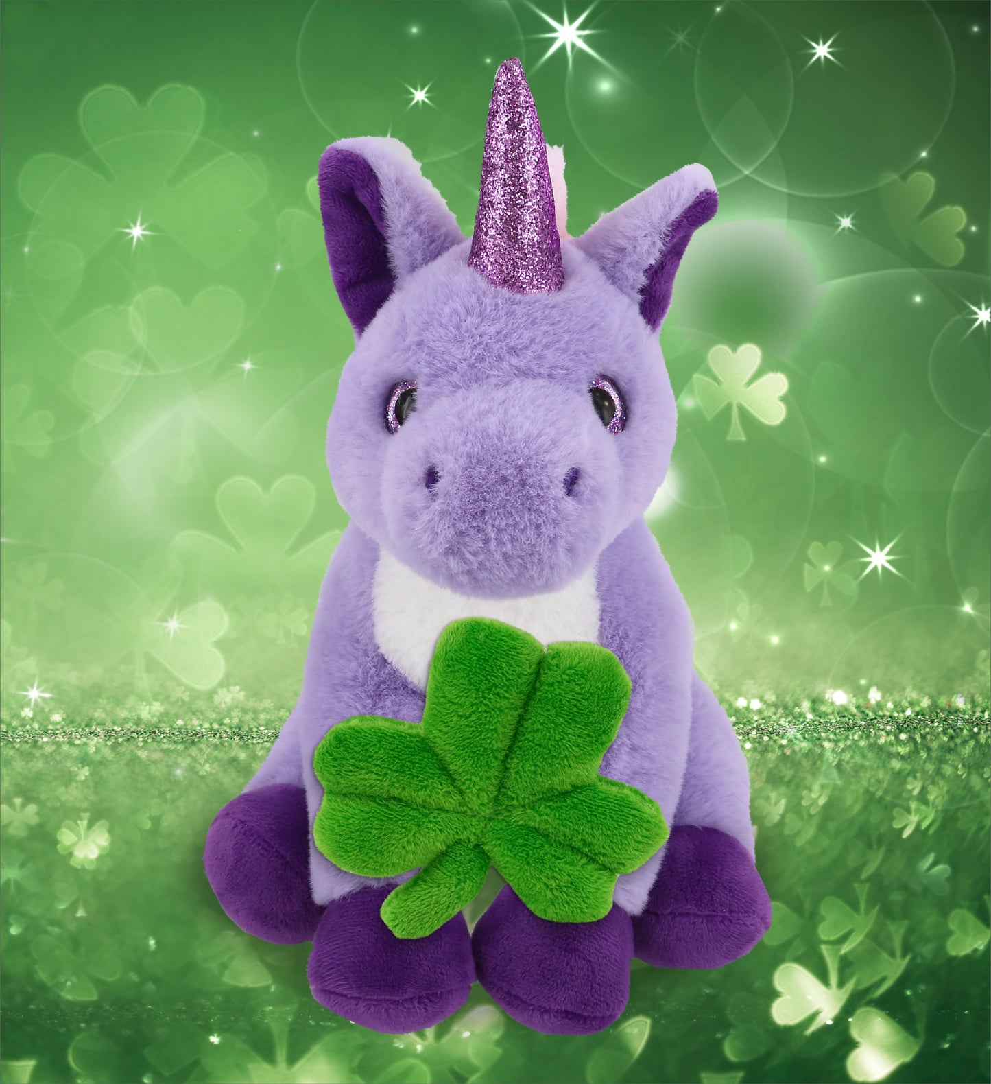 DolliBu Cute Purple Unicorn Stuffed Animal with Green Plush Shamrock - 9 Inches