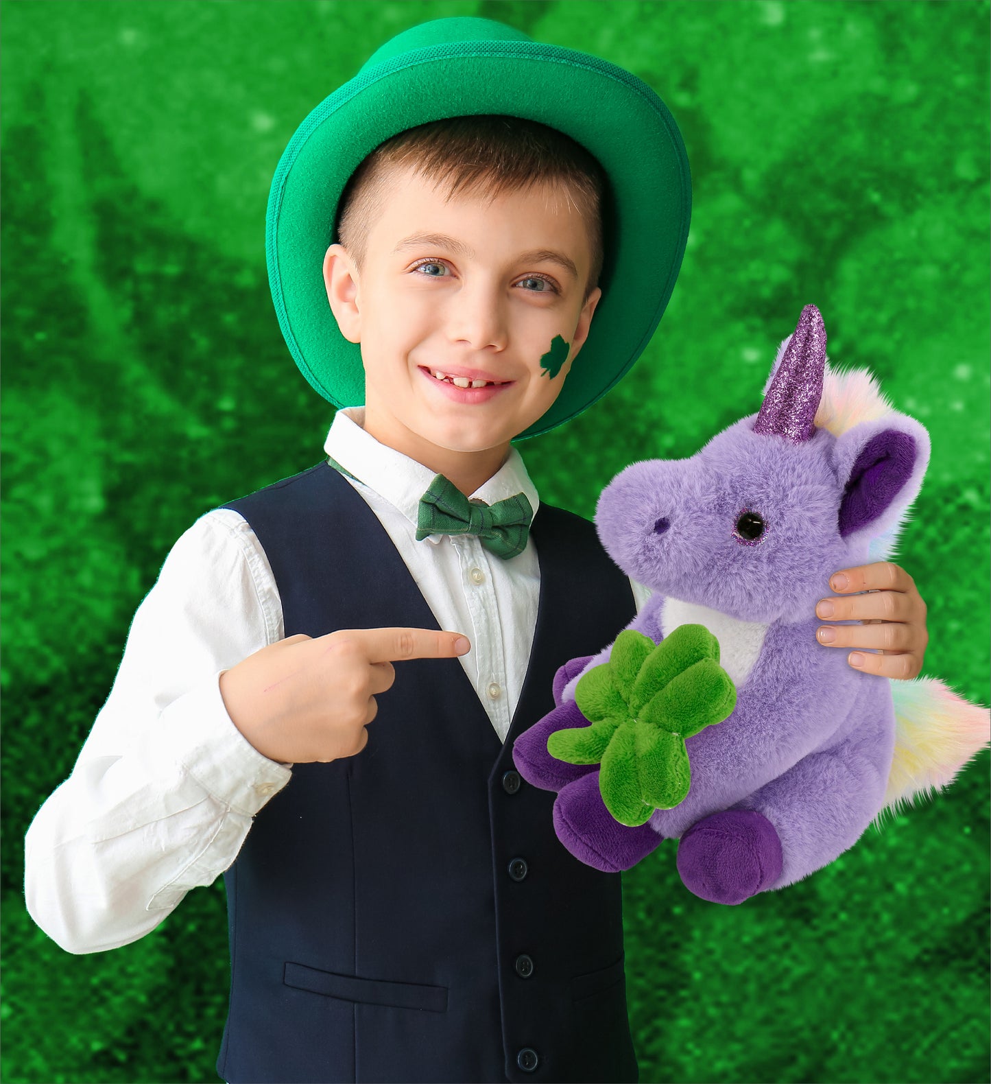 DolliBu Cute Purple Unicorn Stuffed Animal with Green Plush Shamrock - 9 Inches