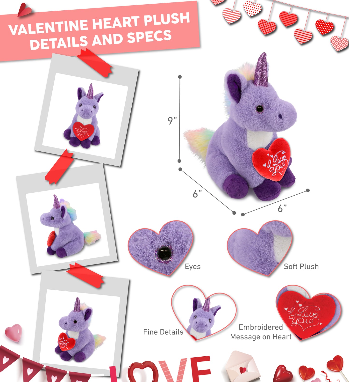PLUSH I LOVE YOU RED HEART - SUPER-SOFT PLUSH - PURPLE UNICORN 9"
