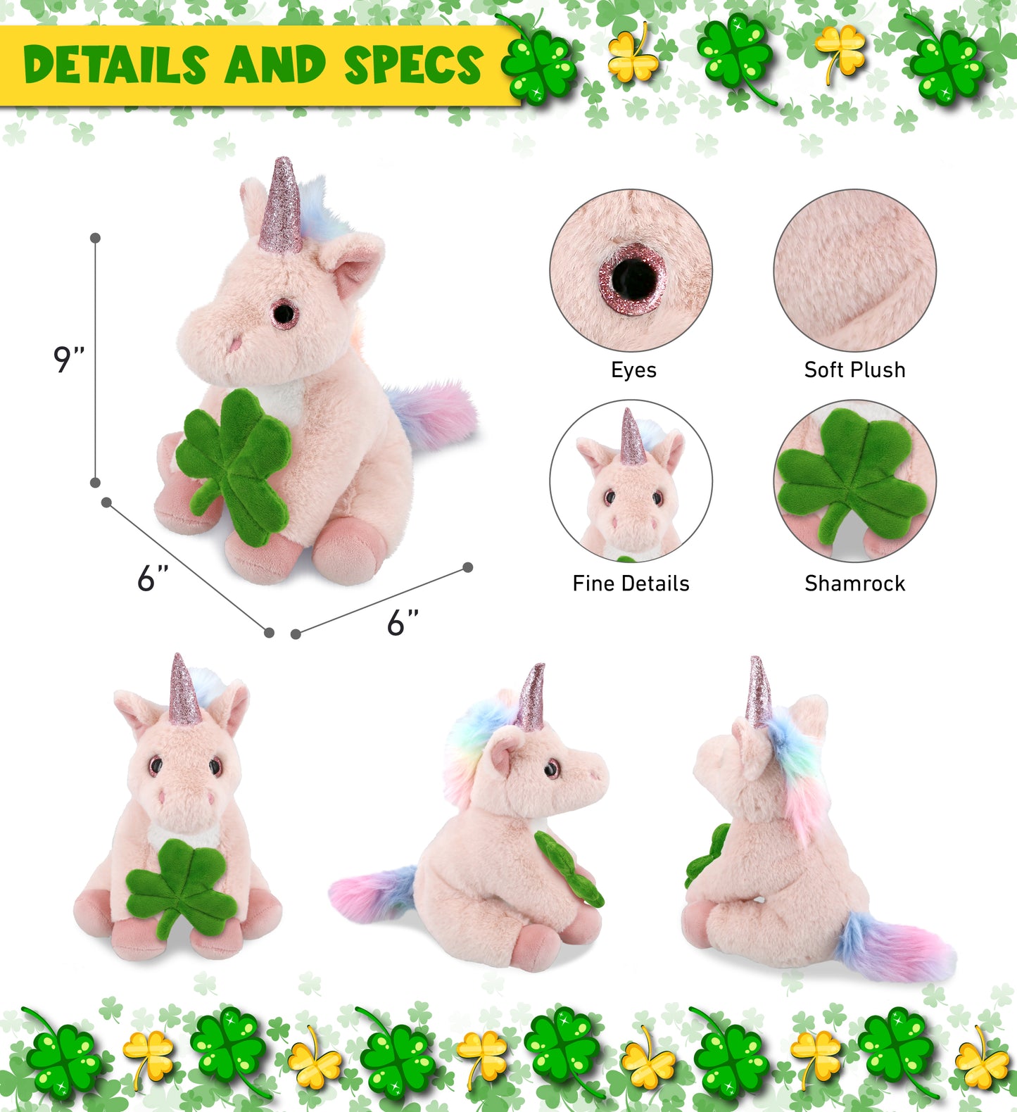 DolliBu Soft Pink Unicorn Stuffed Animal with Green Plush Shamrock - 9 Inches