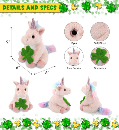 DolliBu Soft Pink Unicorn Stuffed Animal with Green Plush Shamrock - 9 Inches