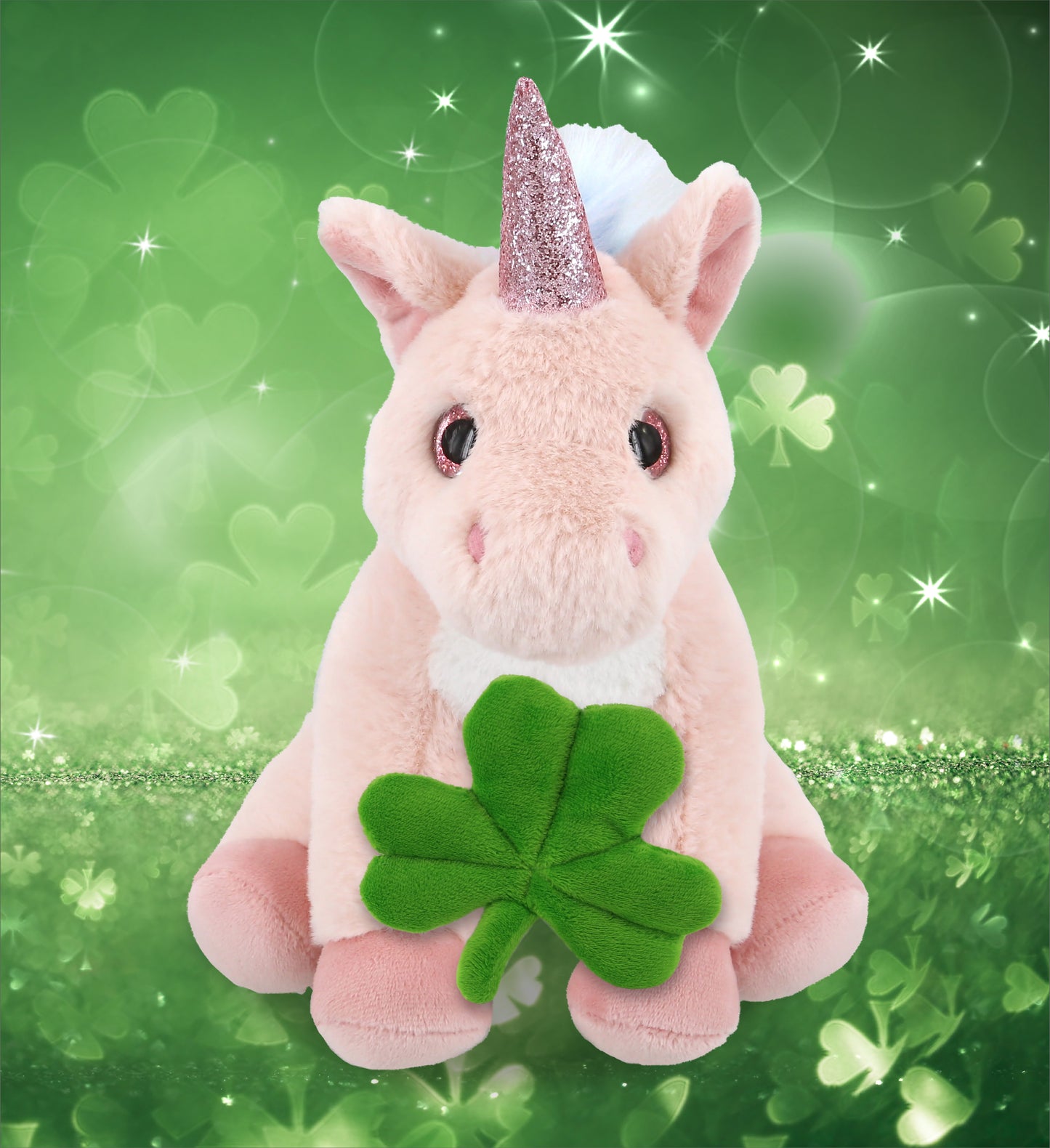 DolliBu Soft Pink Unicorn Stuffed Animal with Green Plush Shamrock - 9 Inches