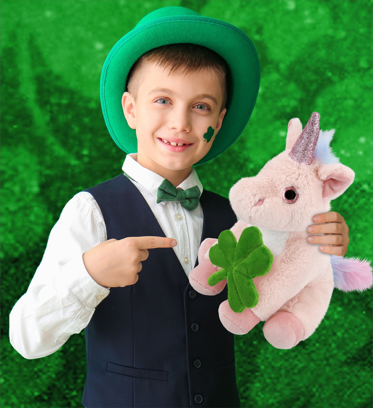 DolliBu Soft Pink Unicorn Stuffed Animal with Green Plush Shamrock - 9 Inches