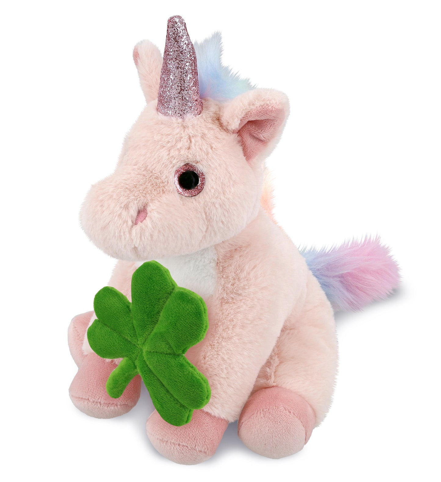 DolliBu Soft Pink Unicorn Stuffed Animal with Green Plush Shamrock - 9 Inches