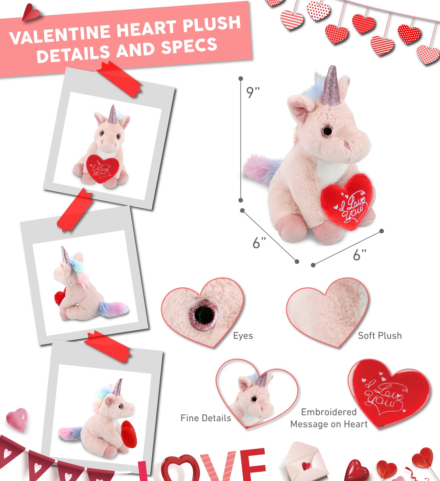 PLUSH I LOVE YOU RED HEART - SUPER-SOFT PLUSH - PINK UNICORN 9"