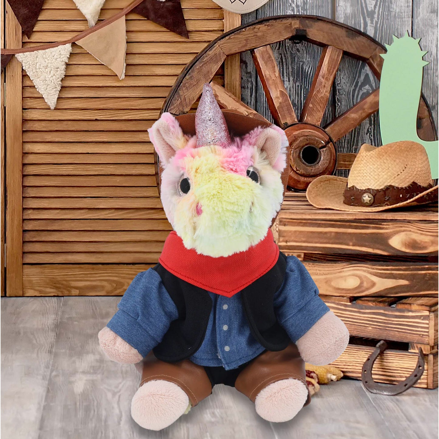 SUPER-SOFT PLUSH - RAINBOW UNICORN 9" COWBOY DRESS UP