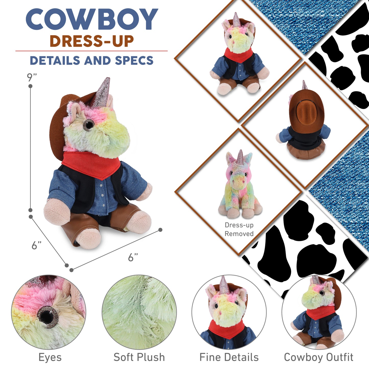 SUPER-SOFT PLUSH - RAINBOW UNICORN 9" COWBOY DRESS UP