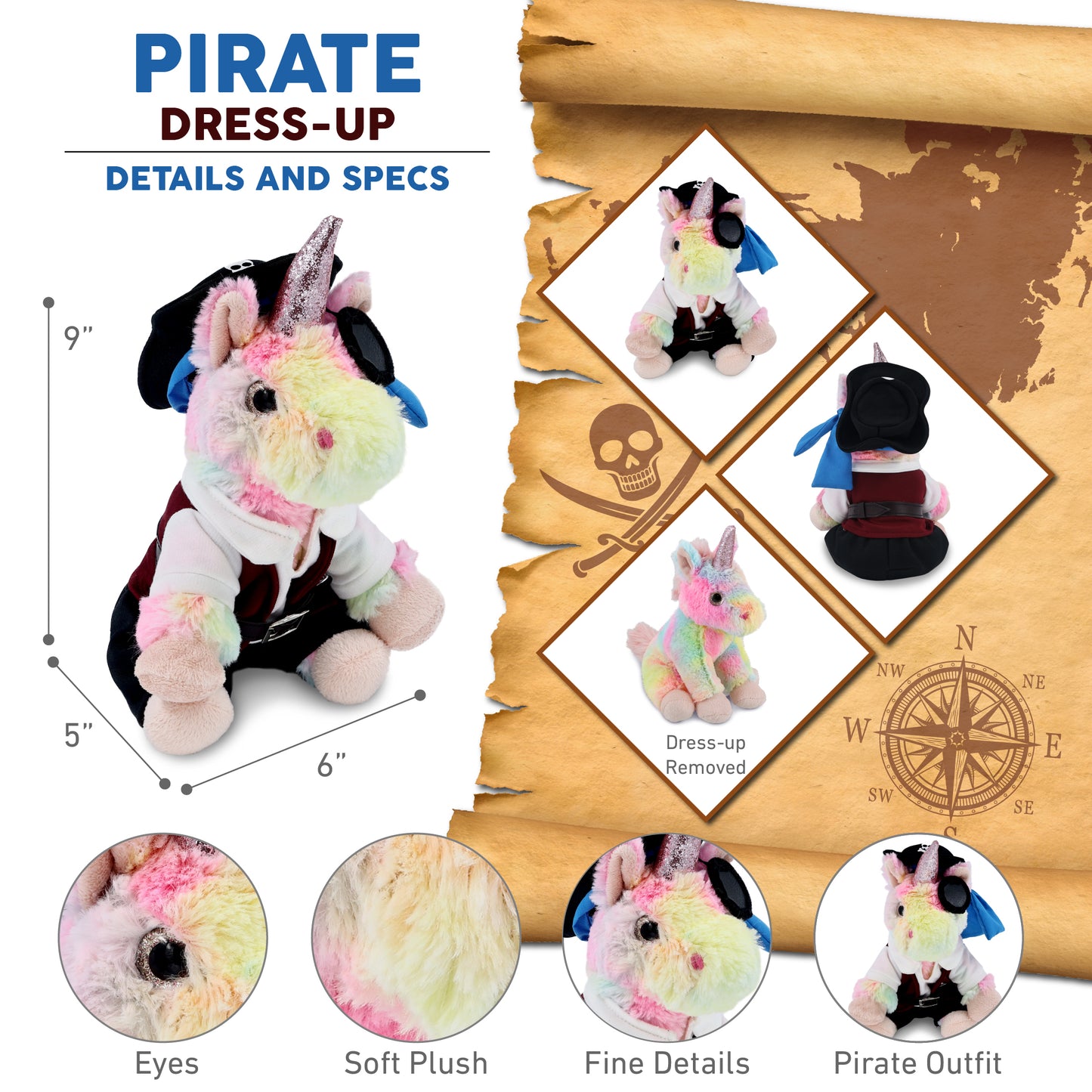 SUPER-SOFT PLUSH - RAINBOW UNICORN 9" WITH PIRATE DRESS UP