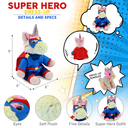 SUPER-SOFT PLUSH - RAINBOW UNICORN 9" WITH SUPER HERO DRESS UP