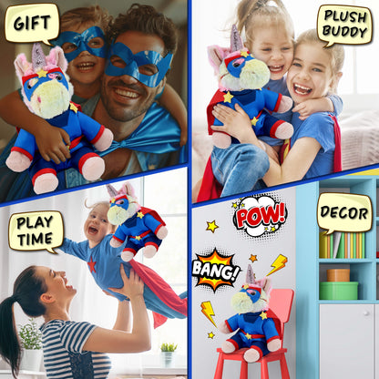 SUPER-SOFT PLUSH - RAINBOW UNICORN 9" WITH SUPER HERO DRESS UP