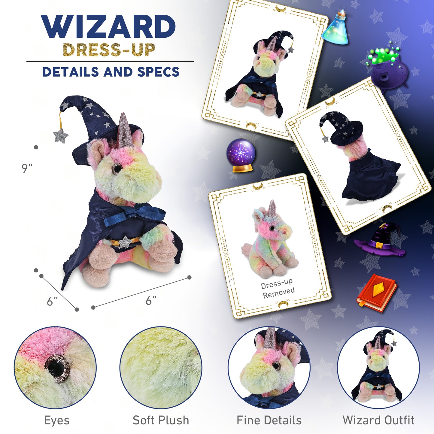SUPER-SOFT PLUSH - RAINBOW UNICORN 9" WITH WIZARD DRESS UP