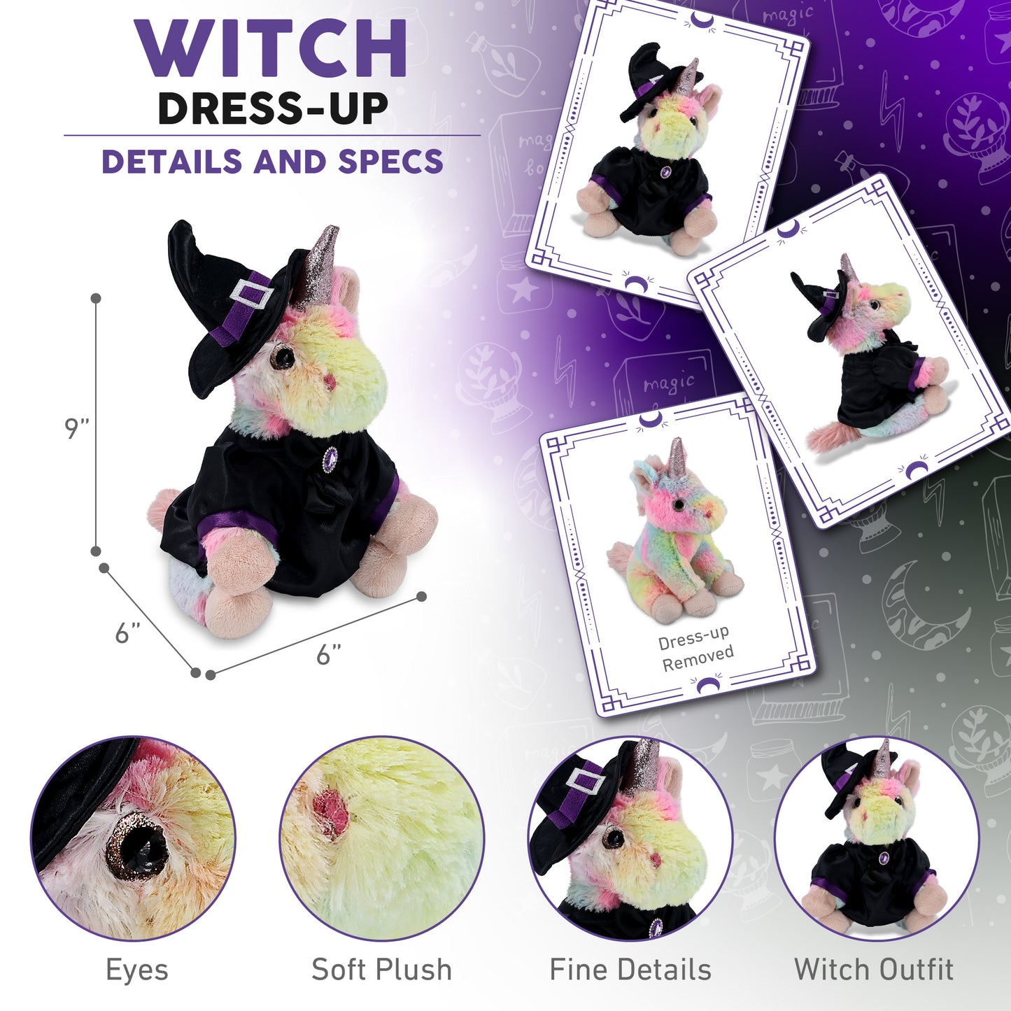 SUPER-SOFT PLUSH - RAINBOW UNICORN 9" WITH WITCH DRESS UP