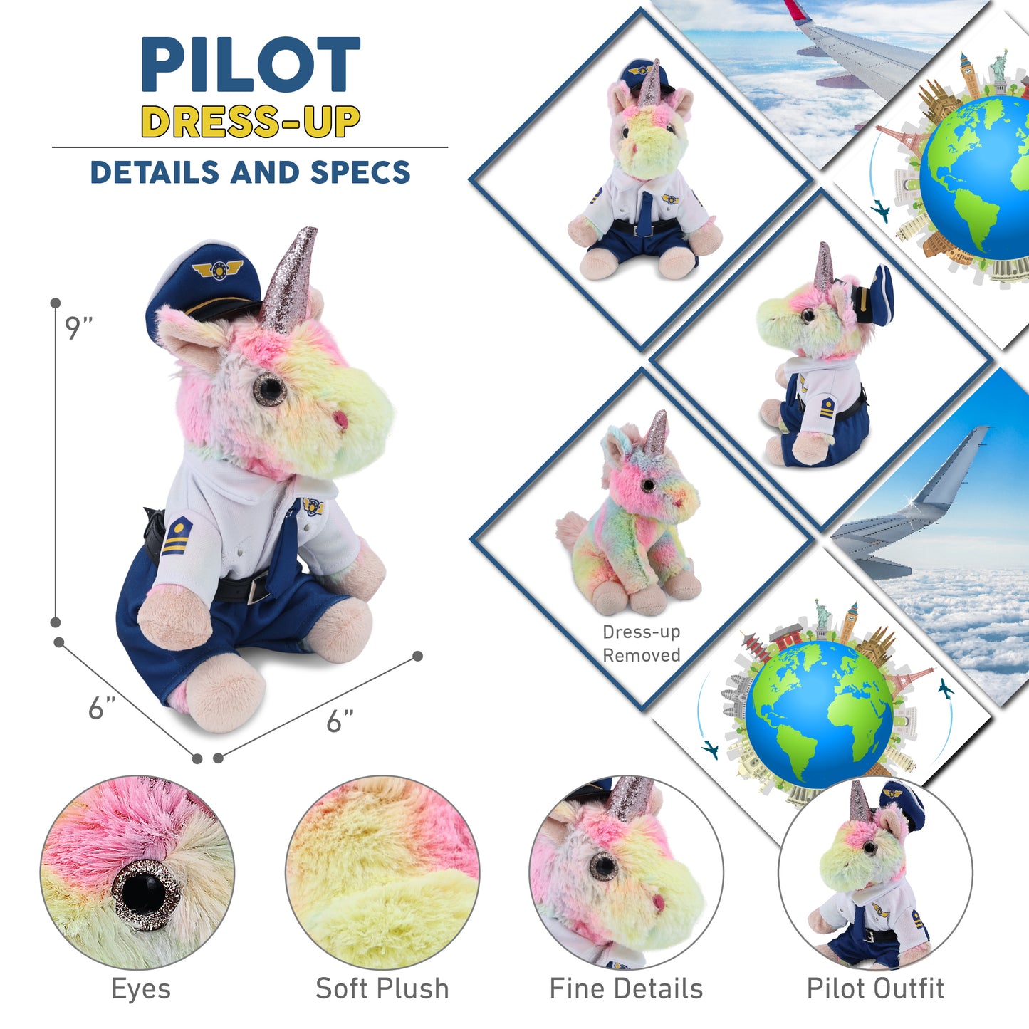 SUPER-SOFT PLUSH - RAINBOW UNICORN 9" WITH PILOT DRESS UP