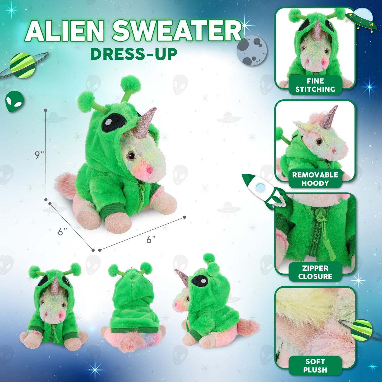 SUPER-SOFT PLUSH - RAINBOW UNICORN 9" WITH ALIEN SWEATER