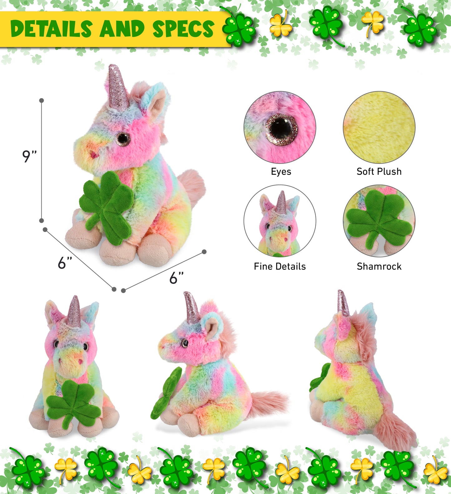 DolliBu Rainbow Unicorn Stuffed Animal with Green Plush Shamrock - 9 Inches