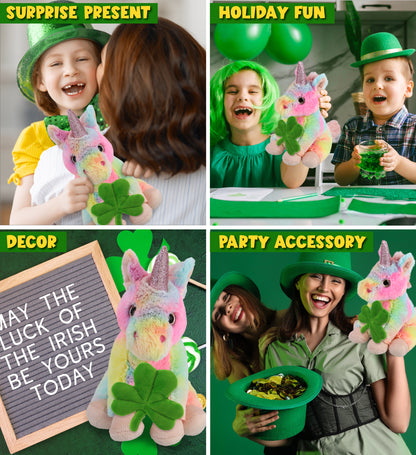 DolliBu Rainbow Unicorn Stuffed Animal with Green Plush Shamrock - 9 Inches