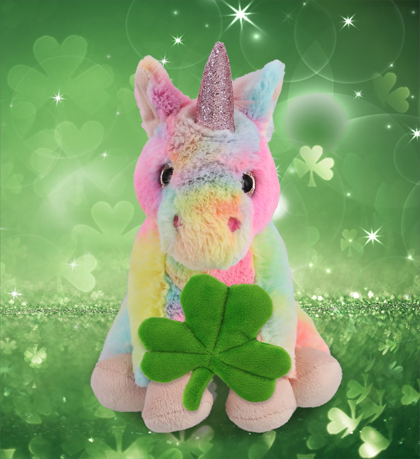 DolliBu Rainbow Unicorn Stuffed Animal with Green Plush Shamrock - 9 Inches