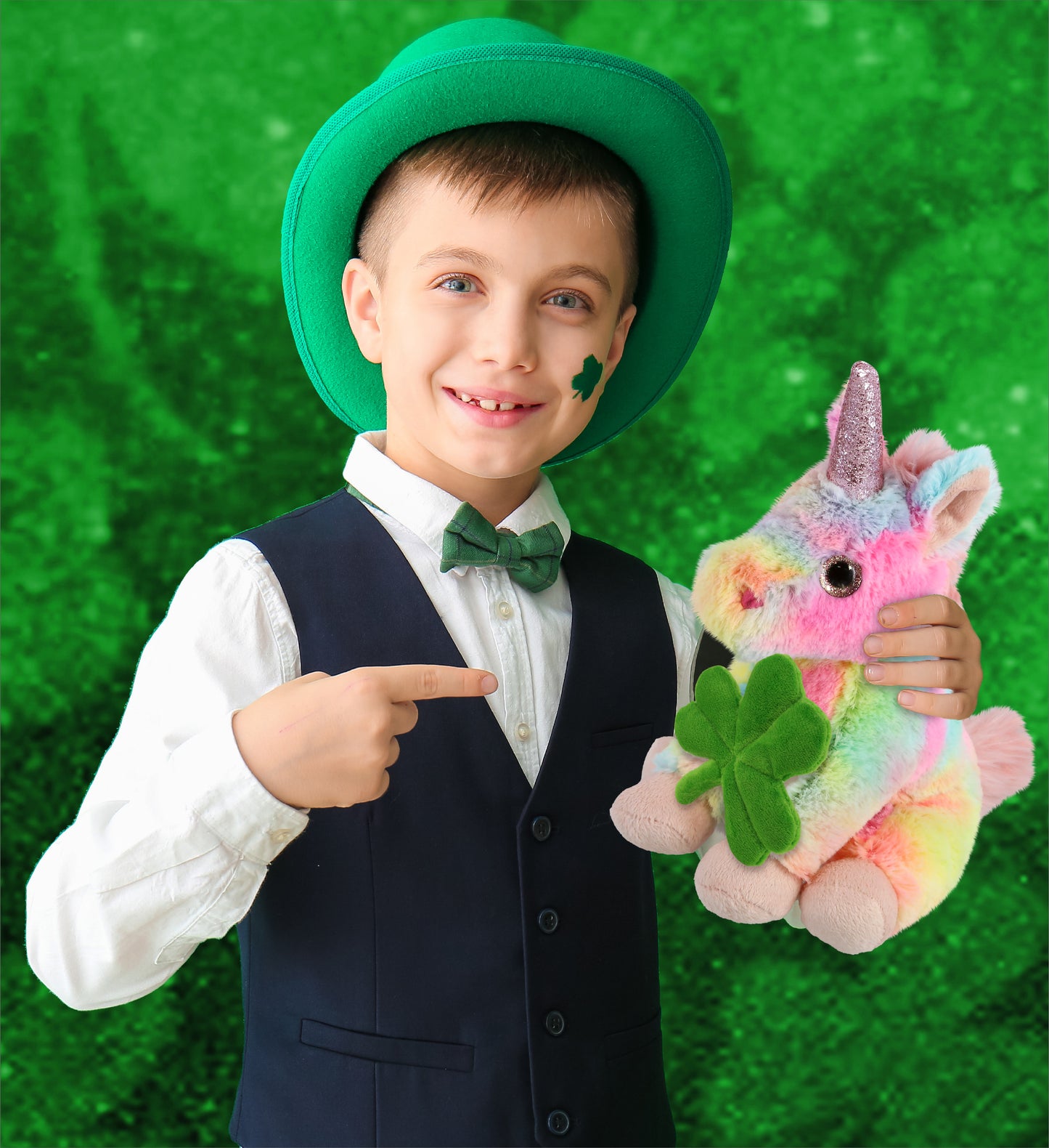 DolliBu Rainbow Unicorn Stuffed Animal with Green Plush Shamrock - 9 Inches