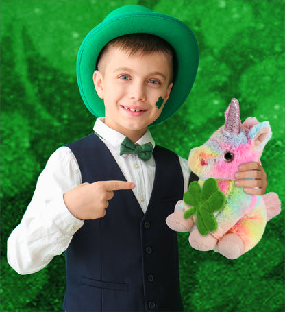 DolliBu Rainbow Unicorn Stuffed Animal with Green Plush Shamrock - 9 Inches