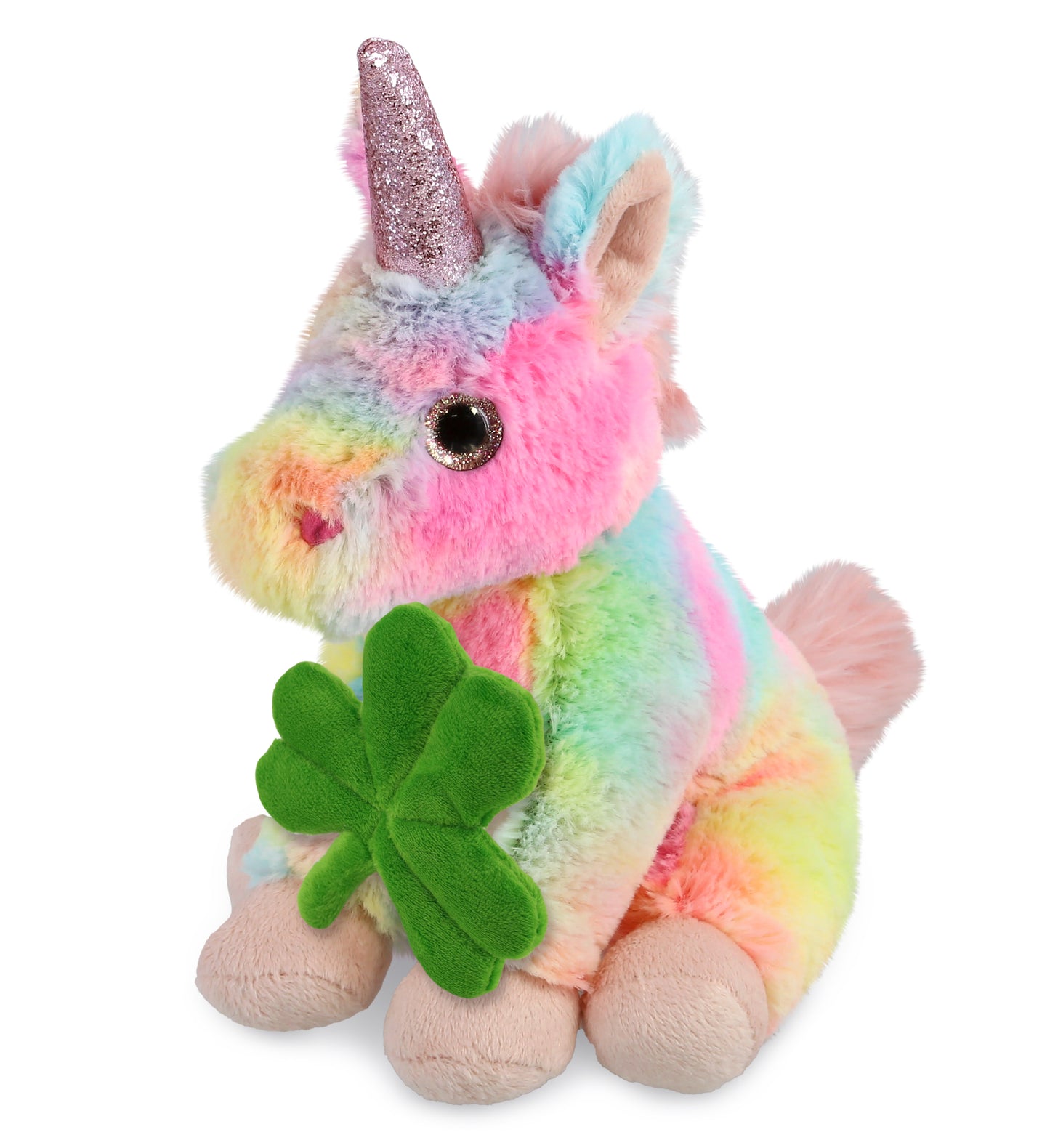 DolliBu Rainbow Unicorn Stuffed Animal with Green Plush Shamrock - 9 Inches