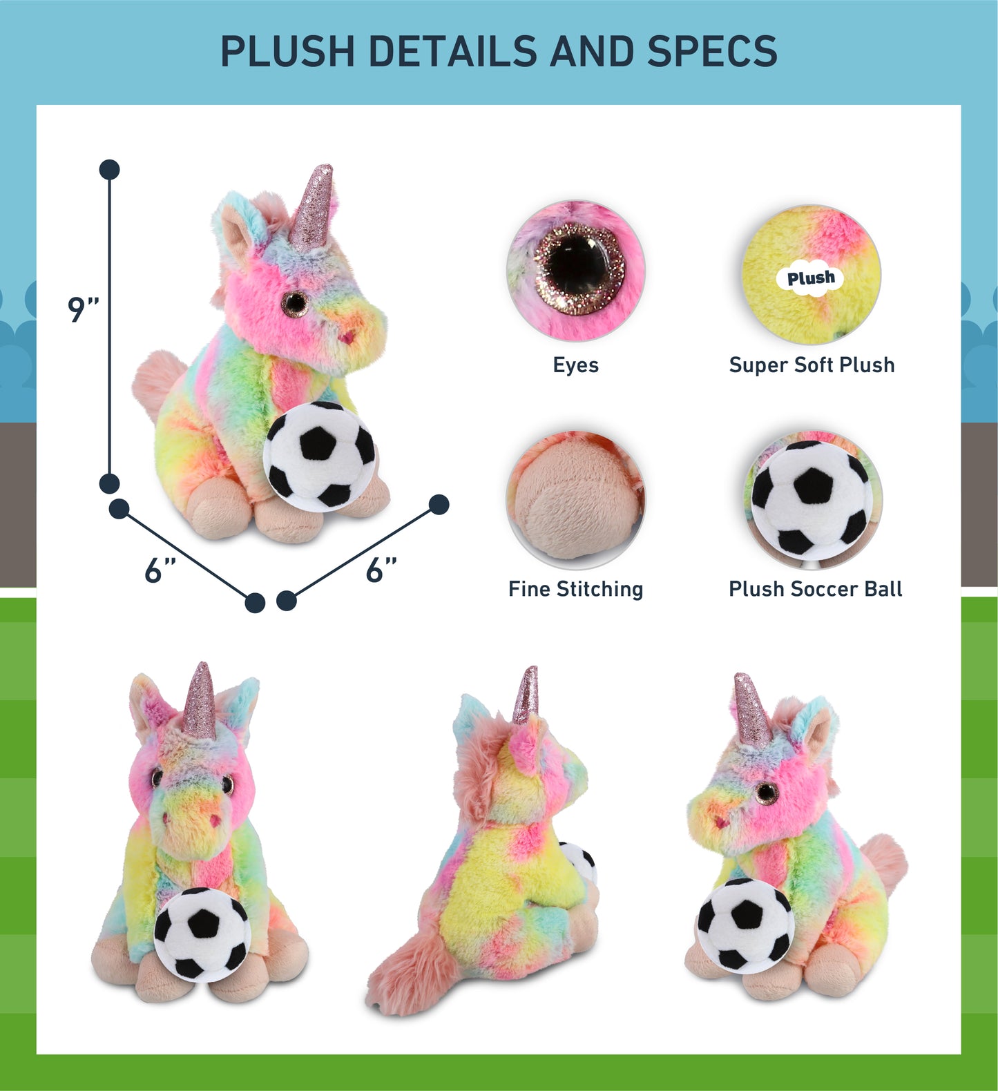 SUPER-SOFT PLUSH - RAINBOW UNICORN 9" WITH SOCCER PLUSH