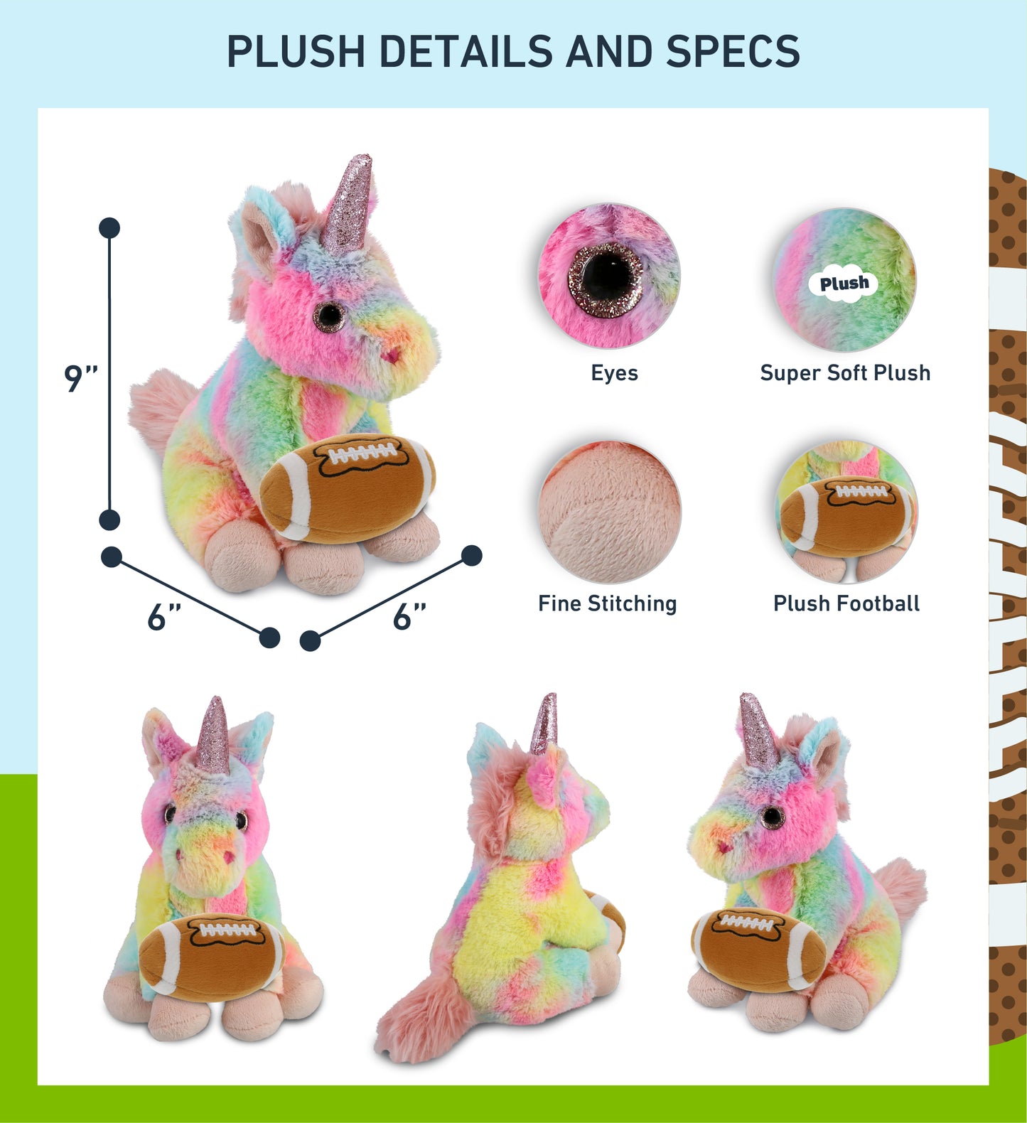 SUPER-SOFT PLUSH - RAINBOW UNICORN 9" WITH FOOTBALL PLUSH