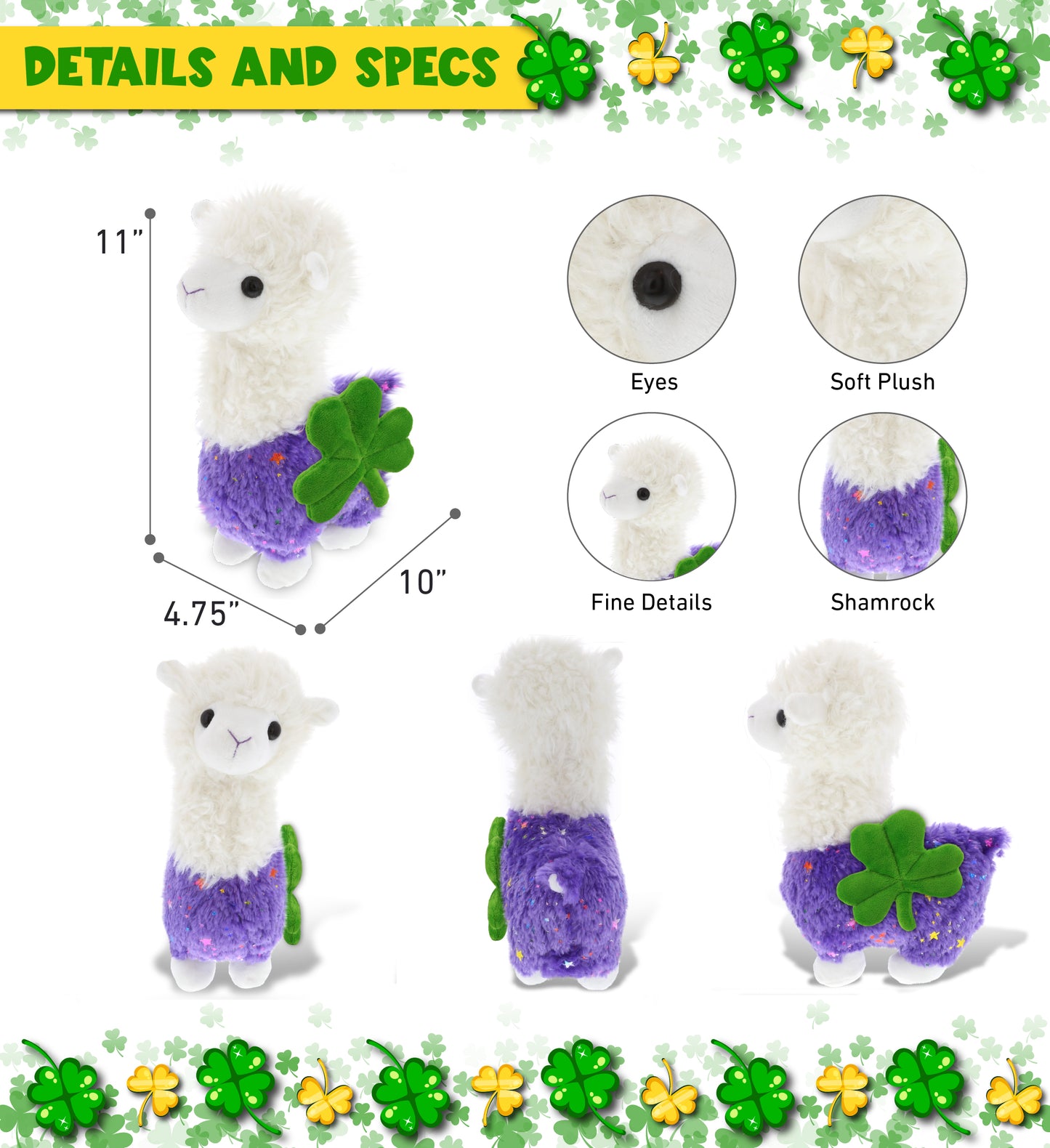 DolliBu Sparkle Purple Llama Stuffed Animal with Green Plush Shamrock - 11 Inch