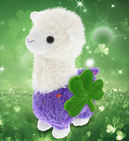 DolliBu Sparkle Purple Llama Stuffed Animal with Green Plush Shamrock - 11 Inch